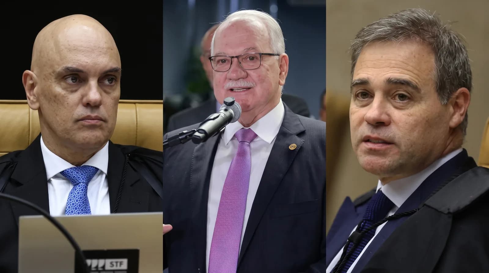 Ministros Edson Fachin, Alexandre de Moraes e André Mendonça, integrantes do Supremo Tribunal Federal